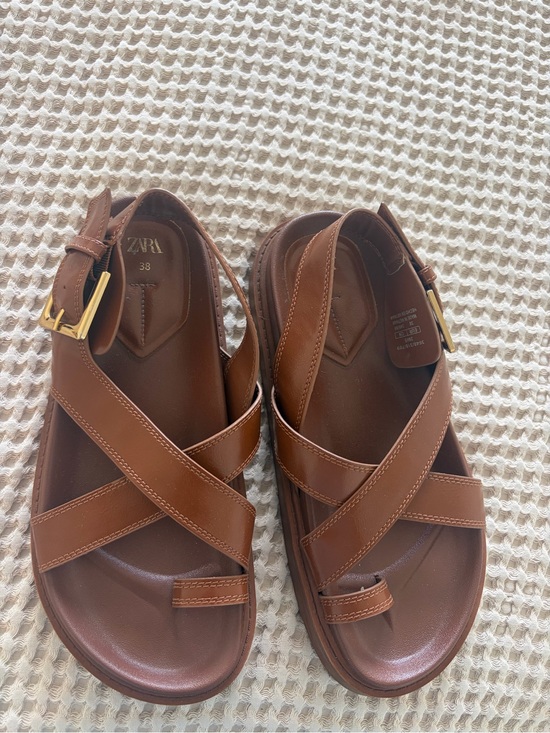 Zara Shoes - Zara Tan Leather Crisscross Sandals with Gold Buckles
